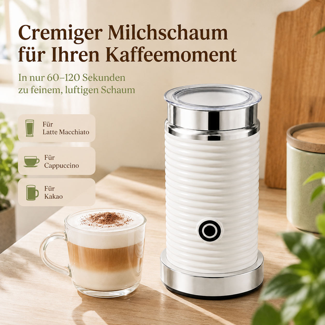 Weißer Milchaufschäumer auf Holztisch neben einer Kaffeetasse mit Schaum, mit deutschem Text.