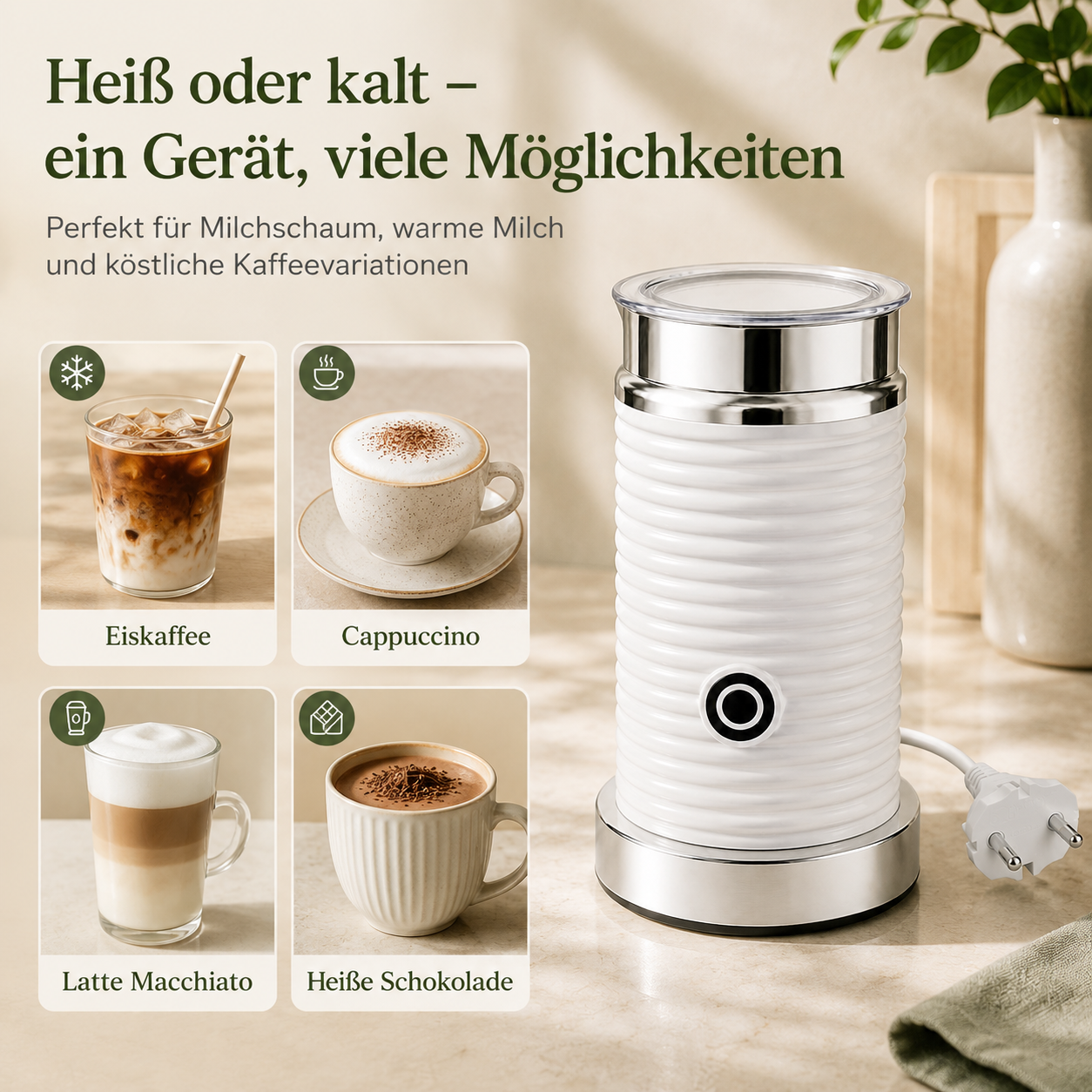 Ein weißer Milchaufschäumer steht auf einer Küchenarbeitsplatte neben vier Getränkebildern und deutschem Text.