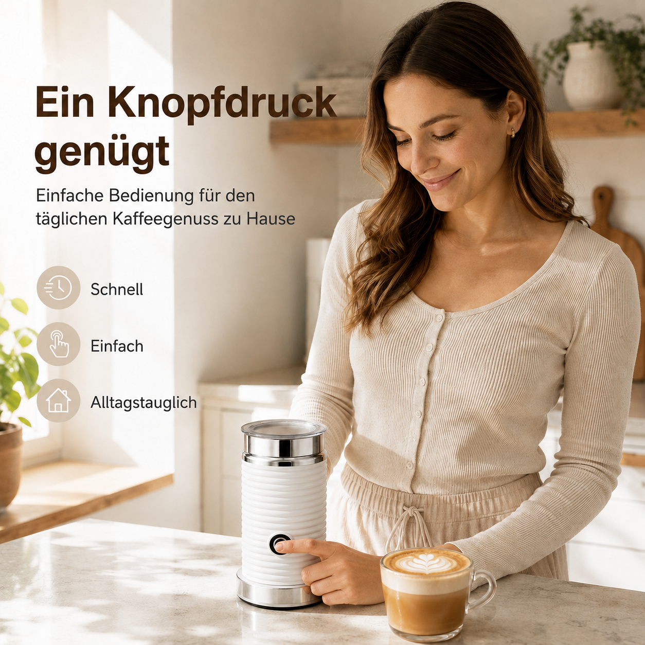 Eine Frau bedient einen weißen Milchaufschäumer in einer hellen Küche, daneben steht ein Cappuccino.