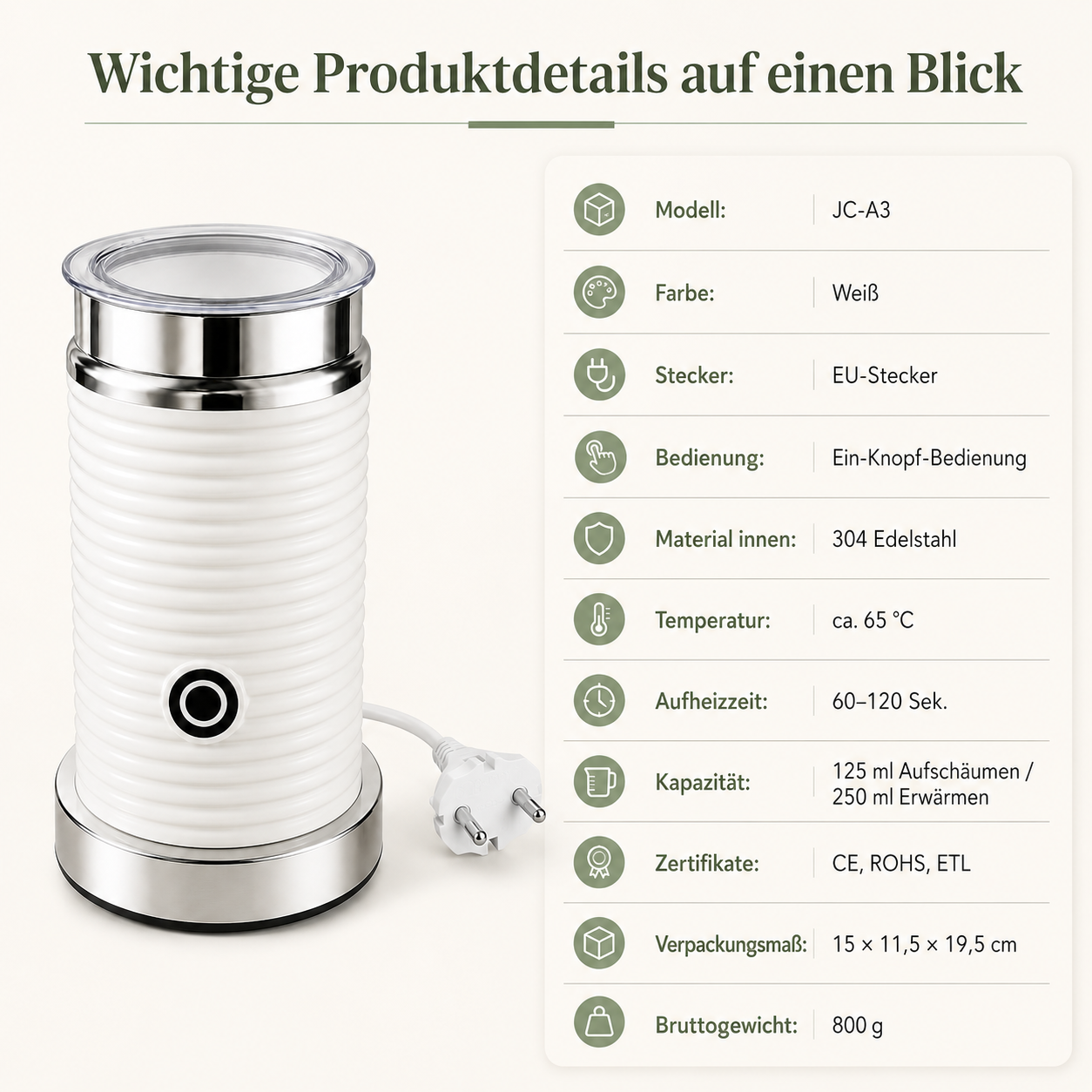 Weisser Milchaufschaeumer mit Edelstahlbasis und technischen Produktdetails in einer Tabelle daneben.