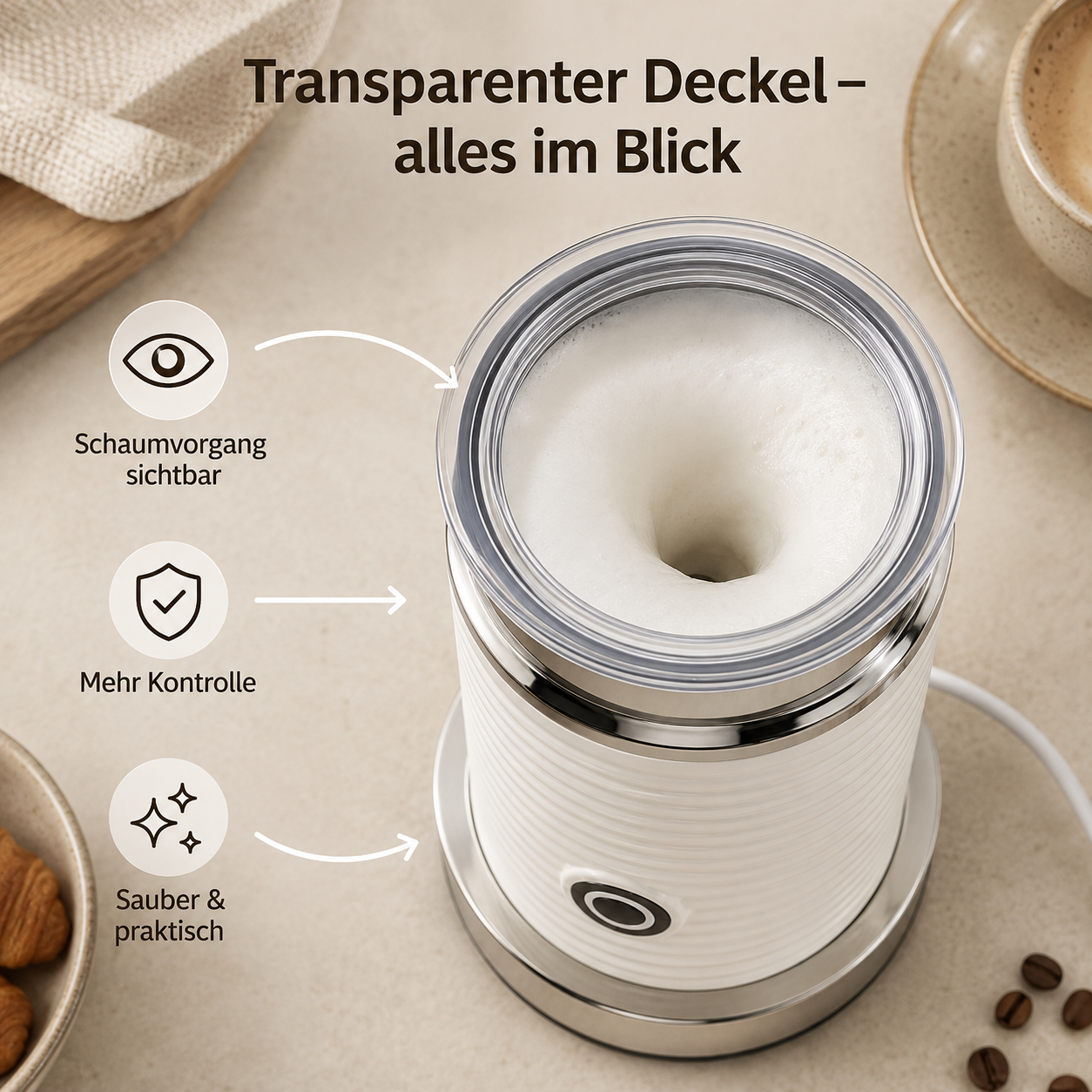 Milchaufschäumer von oben mit transparentem Deckel, der Milchchaum und Symbole für Funktionen zeigt.