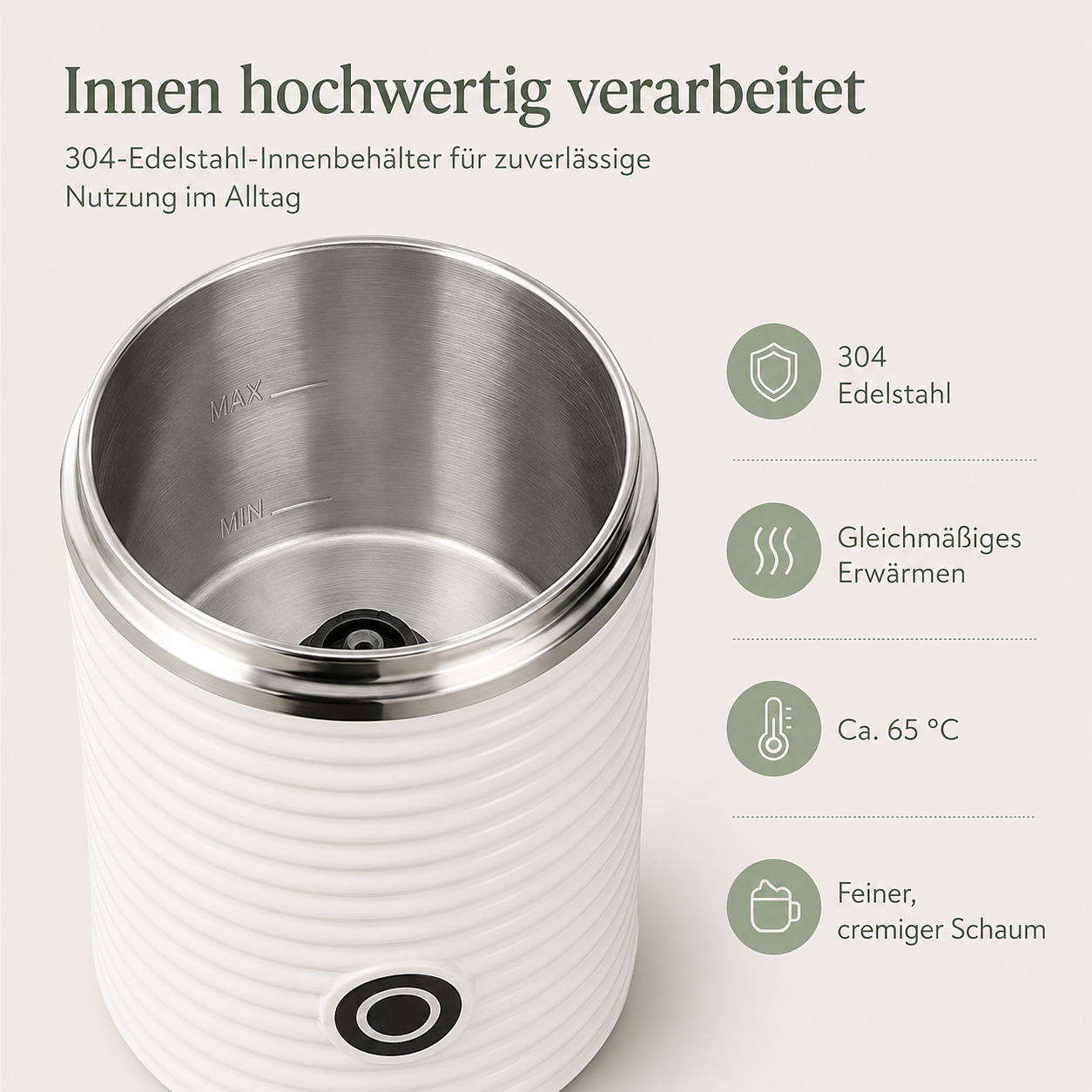 Ein weißer, gerippter Milchaufschäumer mit Edelstahl-Innenbehälter und deutschen Texten.