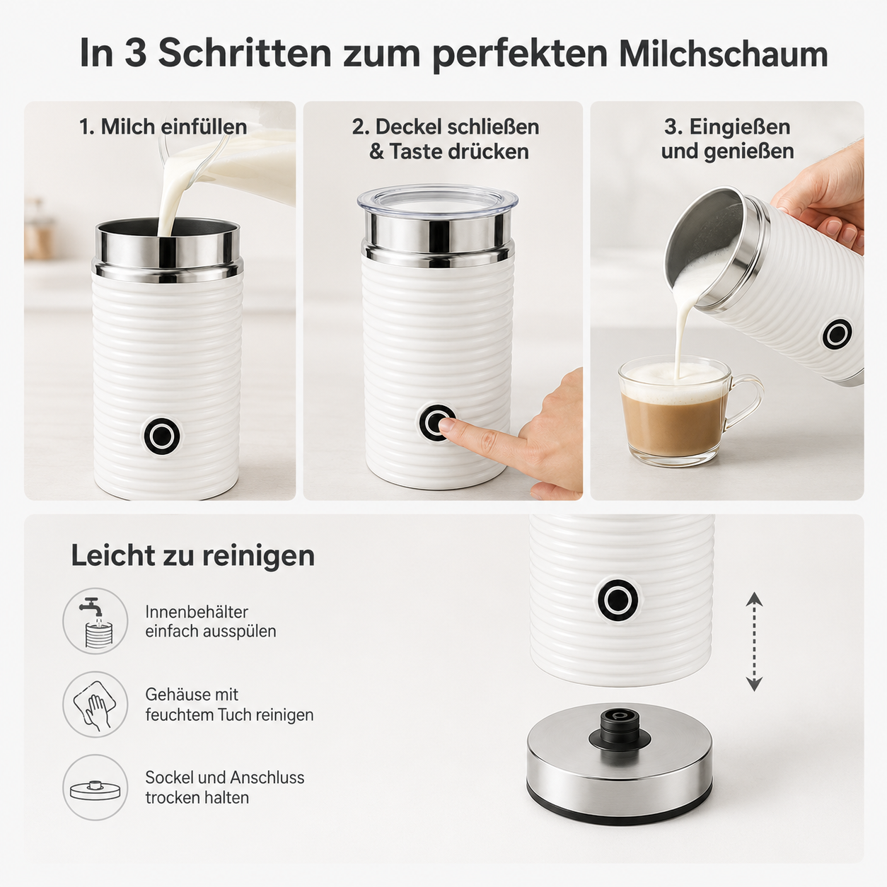 Anleitung für Milchschäumer: Milch einfüllen, Knopf drücken, eingießen und leicht reinigen.