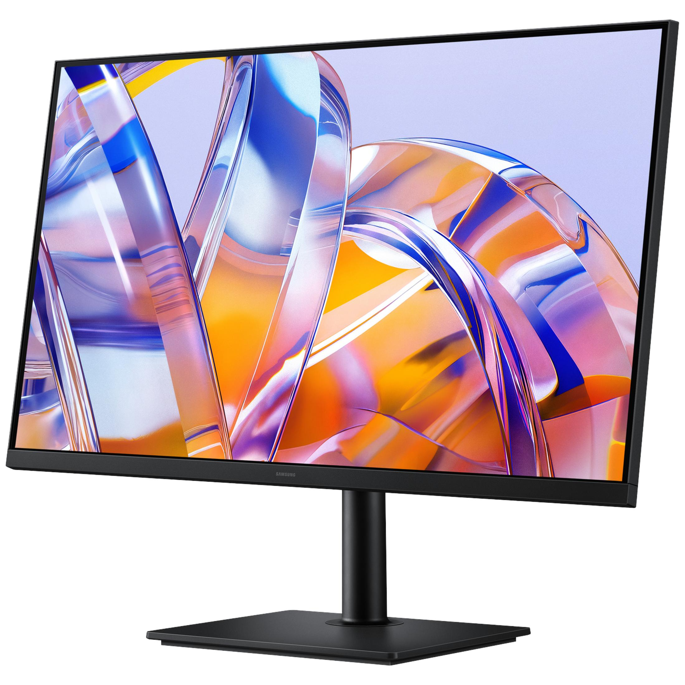 Un monitor Samsung nero mostra uno sfondo astratto e colorato di forme in vetro.