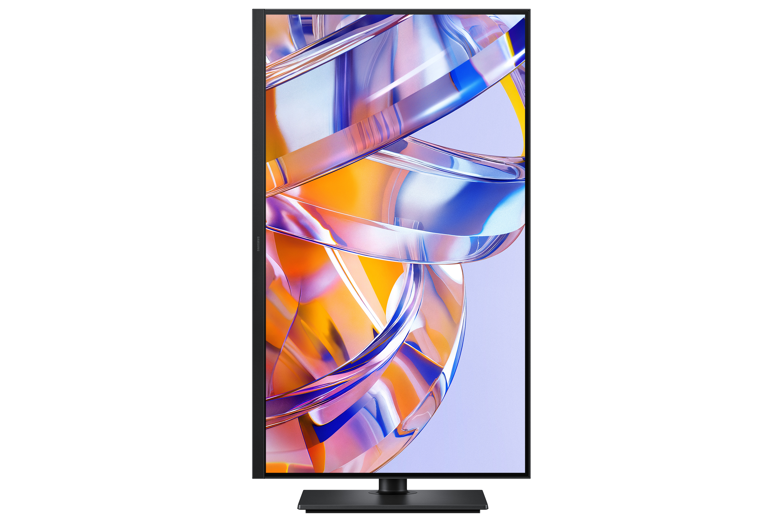 Un monitor per computer verticale con cornici sottili che mostra uno sfondo astratto e colorato.