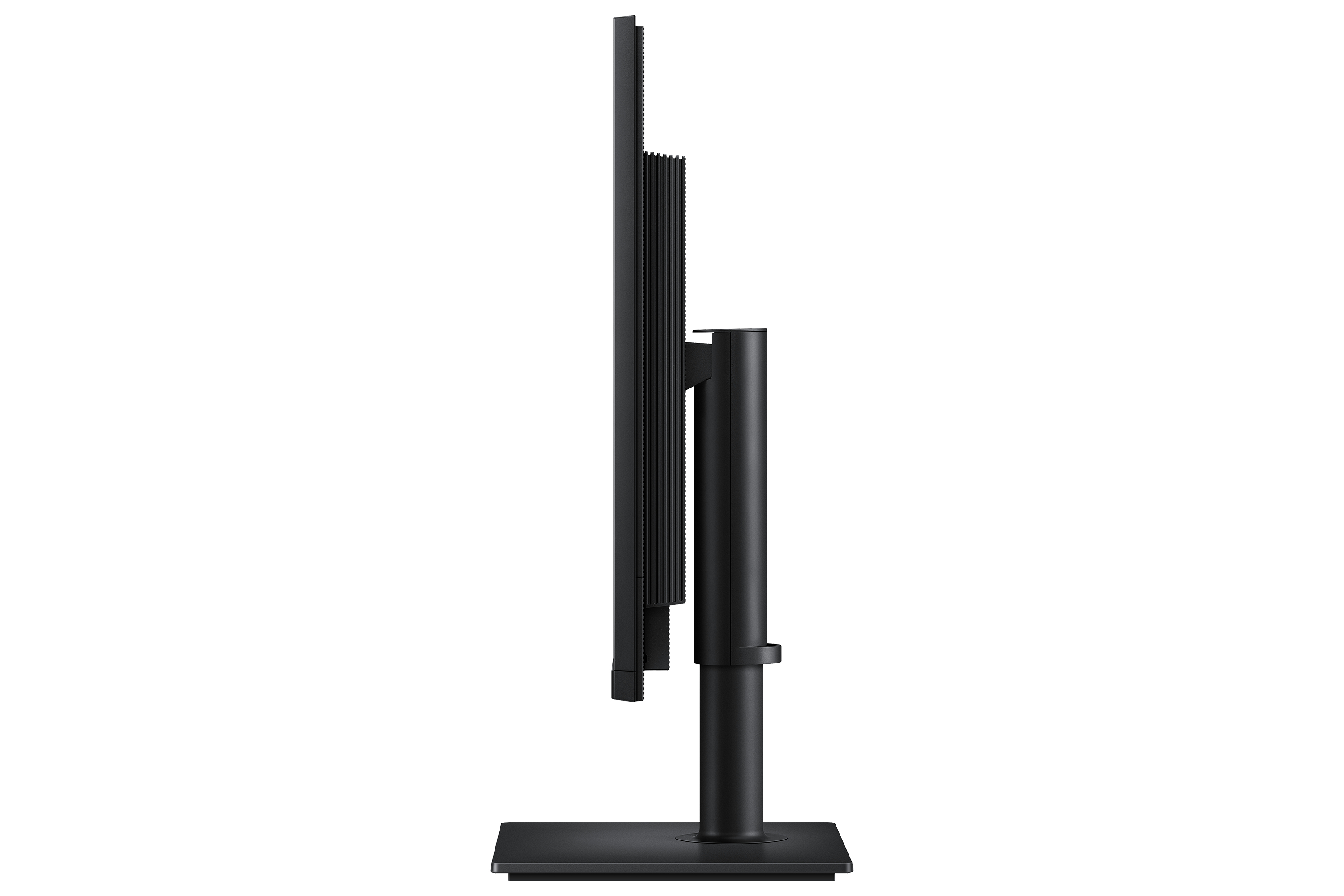 Vista laterale di un moderno monitor nero con supporto su sfondo bianco.