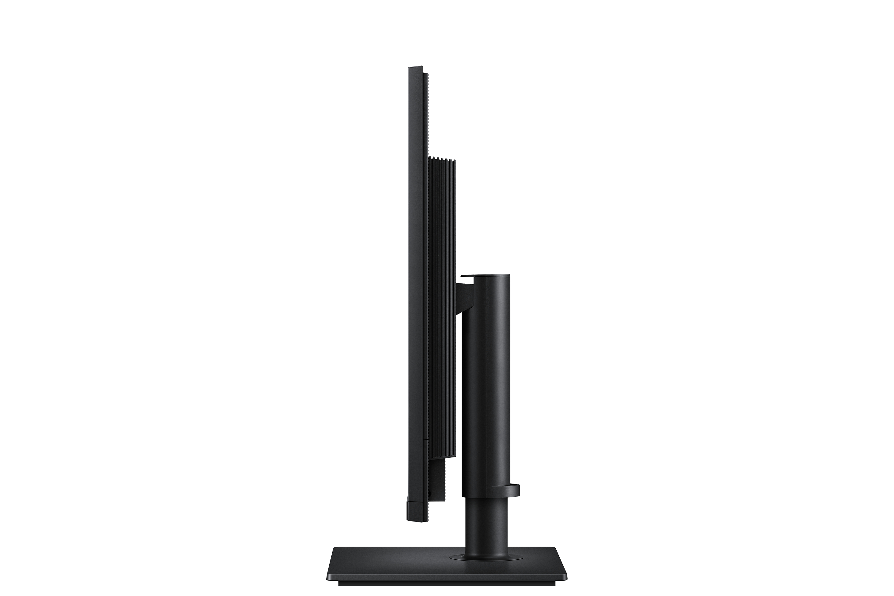 Vista laterale di un moderno monitor nero con supporto regolabile su sfondo bianco.