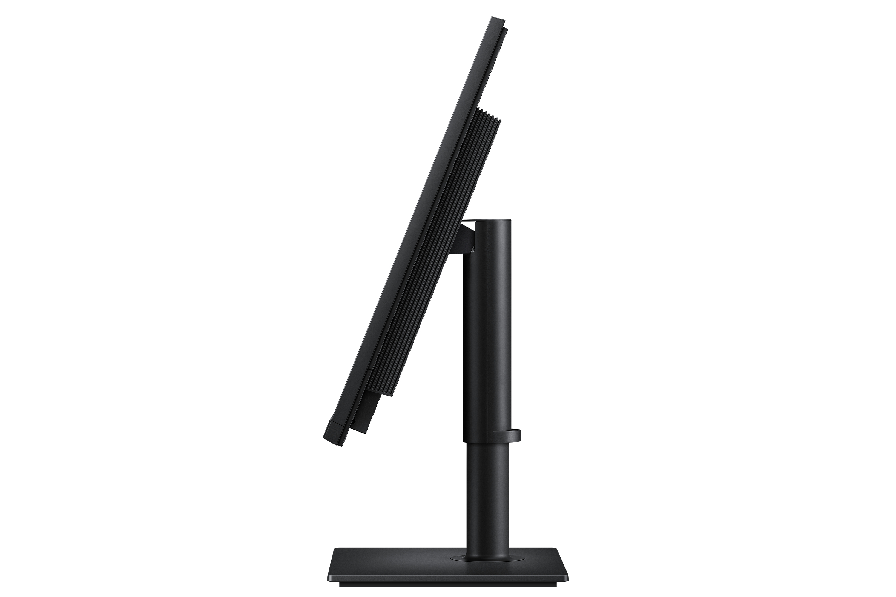 Vista laterale di un monitor per computer nero su supporto con base quadrata su sfondo bianco.