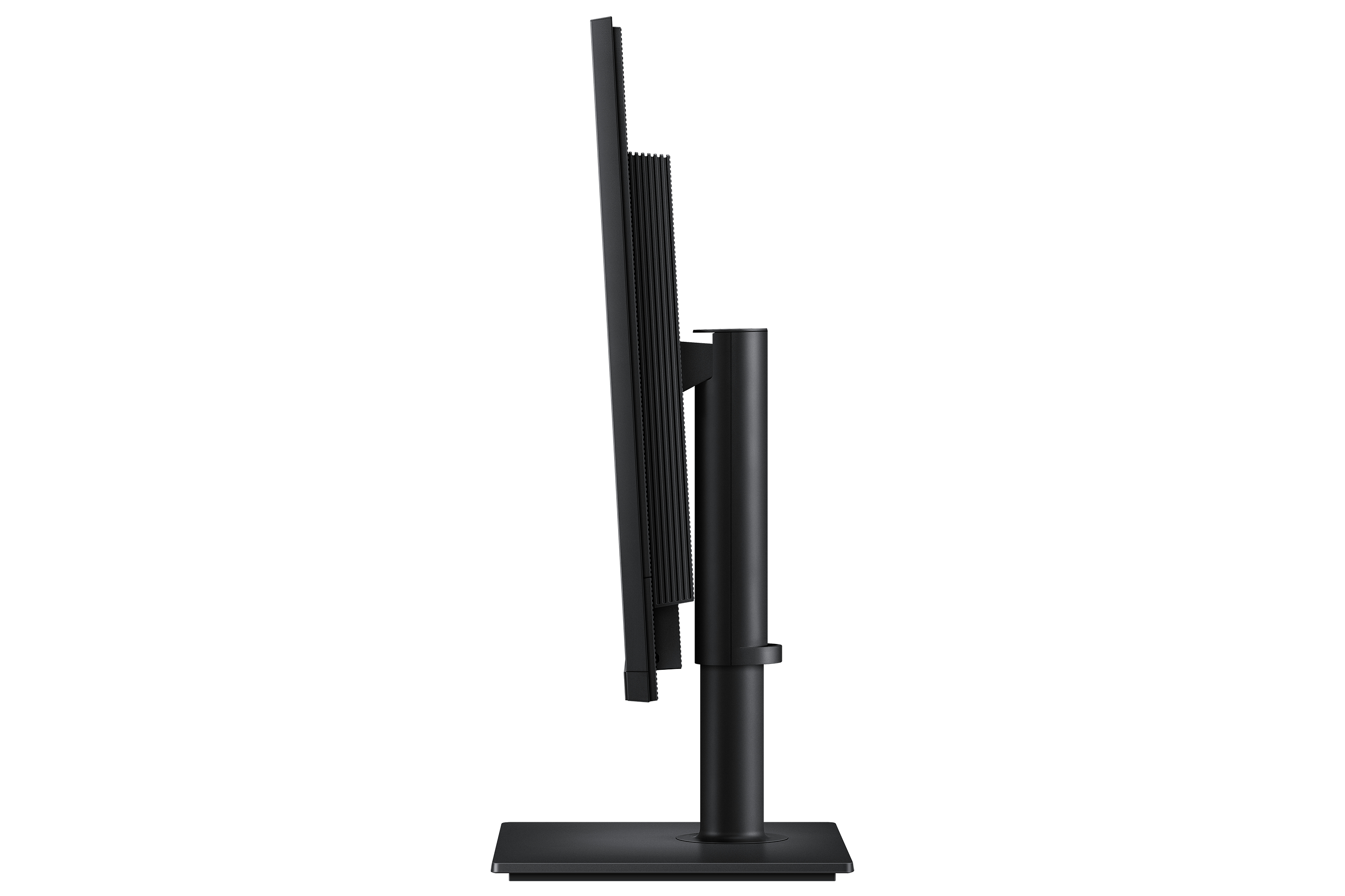 Vista laterale di un monitor per computer nero su supporto con base quadrata su sfondo bianco.