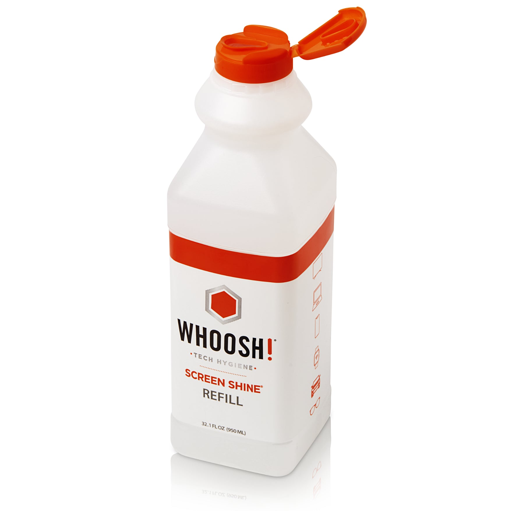 Eine weiße Whoosh! Screen Shine Nachfüllflasche mit orangefarbenem Verschluss auf weißem Hintergrund.