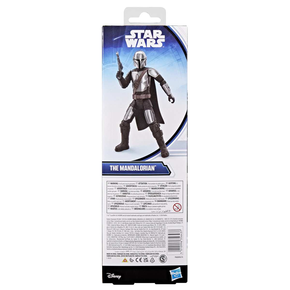 Parte trasera del embalaje de una figura de acción de Star Wars The Mandalorian con advertencias y código de barras.