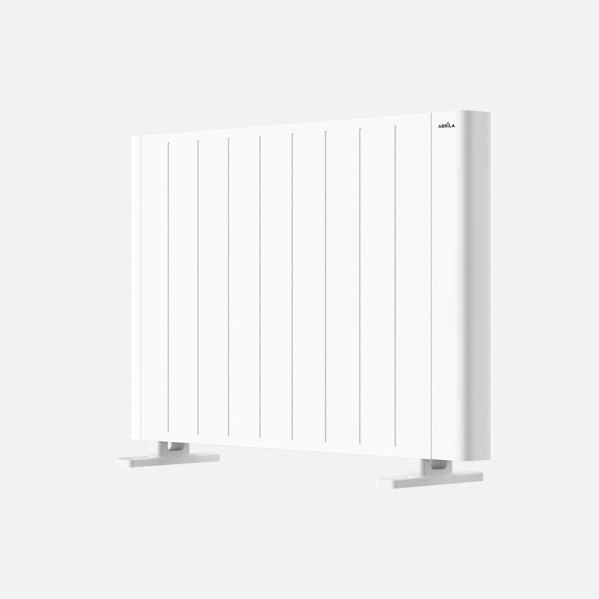 Un radiador eléctrico blanco y moderno sobre soportes pequeños frente a un fondo claro.