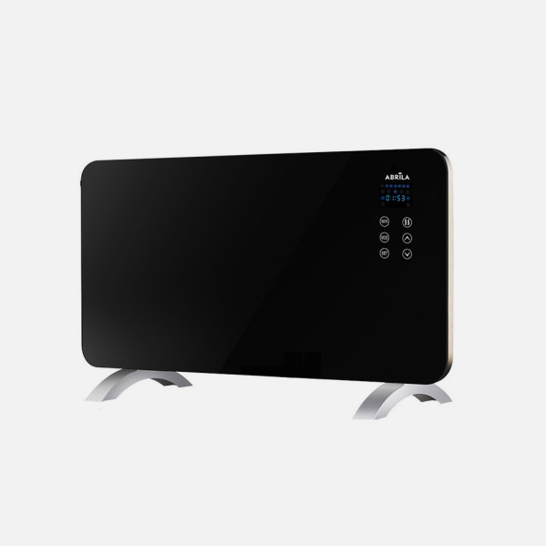 Calefactor eléctrico de vidrio negro con pantalla digital y patas plateadas sobre fondo blanco.