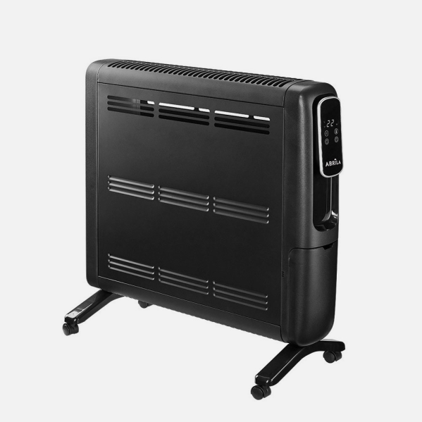 Un calefactor eléctrico portátil negro con ruedas sobre un fondo claro.