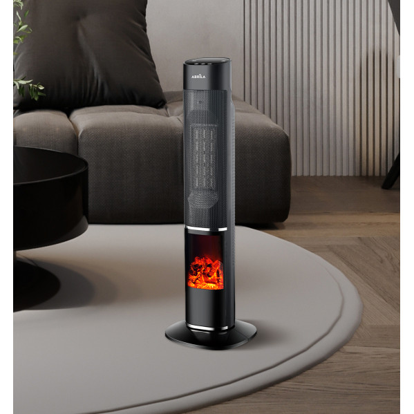 Un calefactor de torre negro con efecto de chimenea encendida está sobre una alfombra gris en una sala moderna.
