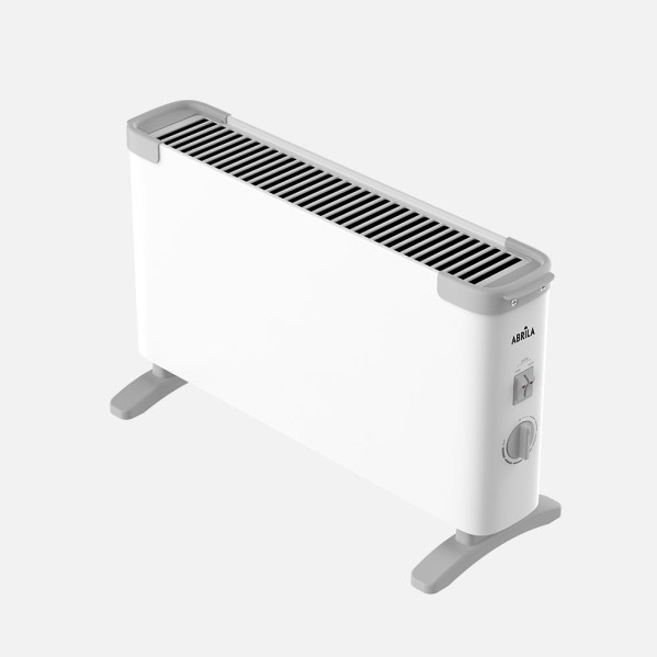 Un calefactor eléctrico blanco con patas y rejilla superior grises sobre un fondo liso.
