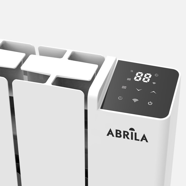 Un radiador eléctrico blanco con pantalla digital y controles táctiles arriba, con la marca ABRILA.