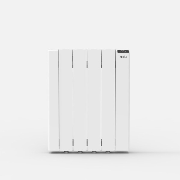 Un radiador eléctrico blanco y moderno de Abrila sobre fondo neutro.