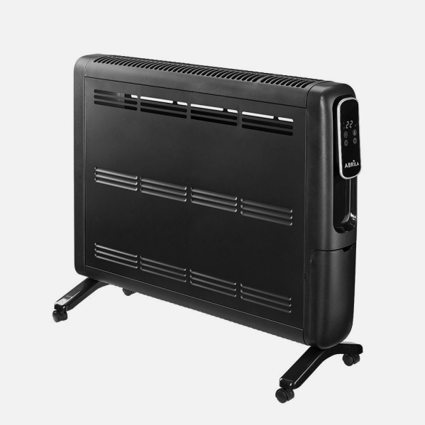 Un calefactor de convección negro con ranuras de ventilación, ruedas y panel digital.