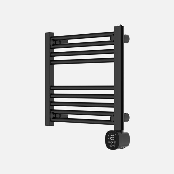 Un calienta toallas negro con barras horizontales y un panel de control digital en la parte inferior.