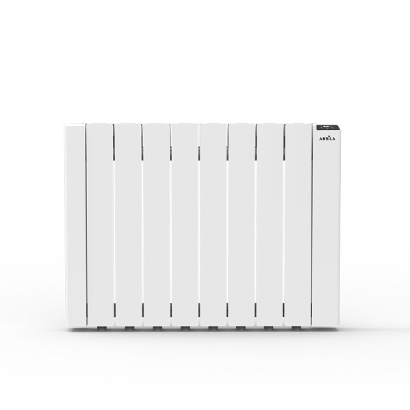 Un radiador eléctrico blanco y moderno con aletas verticales sobre un fondo blanco.