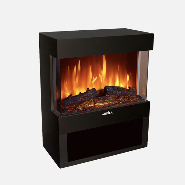 Moderna chimenea eléctrica negra con llamas vibrantes y leños artificiales sobre fondo claro.