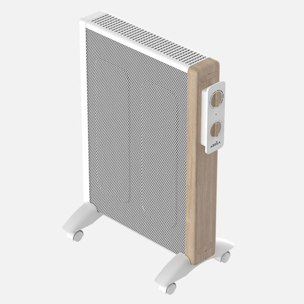 Calefactor de panel blanco y madera con ruedas y controles laterales sobre fondo claro.