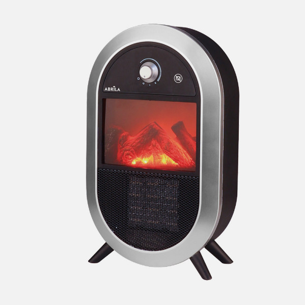 Calefactor eléctrico ovalado con efecto de fuego brillante, borde plateado, rejilla de malla negra y cuatro patas de soporte.