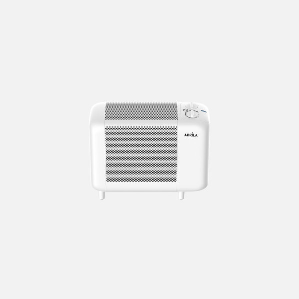 Un calefactor eléctrico compacto blanco con mandos y la marca ABRILA sobre un fondo neutro.