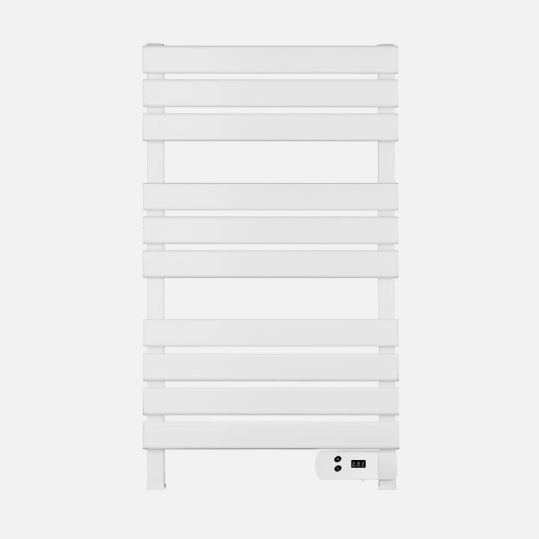 Un toallero vertical blanco con barras planas y una pequeña pantalla digital en la parte inferior derecha.