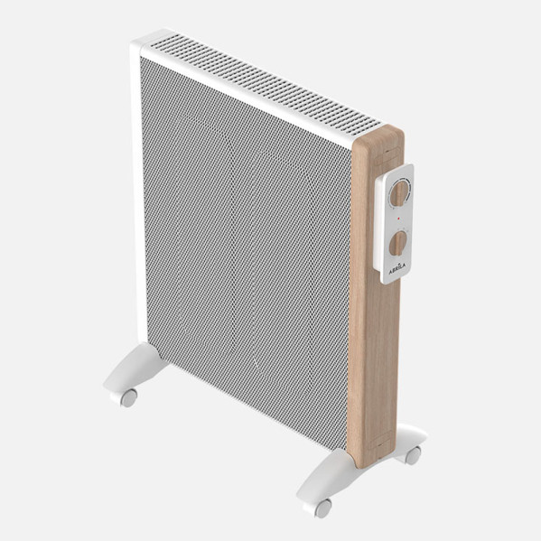 Un calefactor blanco con paneles laterales de madera y ruedas sobre fondo gris.