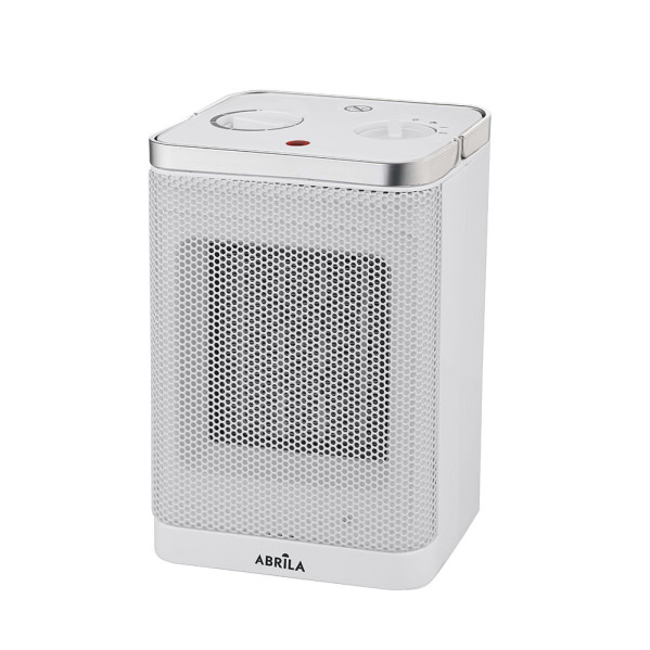 Un calefactor eléctrico blanco y plateado con controles arriba y rejilla frontal sobre fondo blanco.