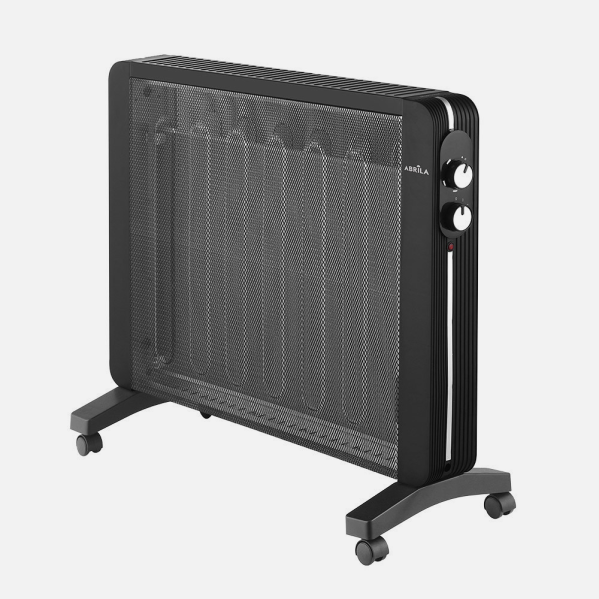 Calefactor negro con rejilla metálica, dos perillas de control y ruedas sobre fondo blanco.