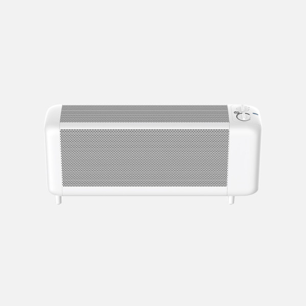 Un calefactor eléctrico horizontal blanco con rejilla de malla y mandos en el lado derecho.