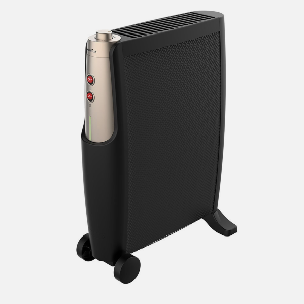 Calefactor negro con panel de control plateado e interruptores rojos sobre ruedas con fondo blanco.