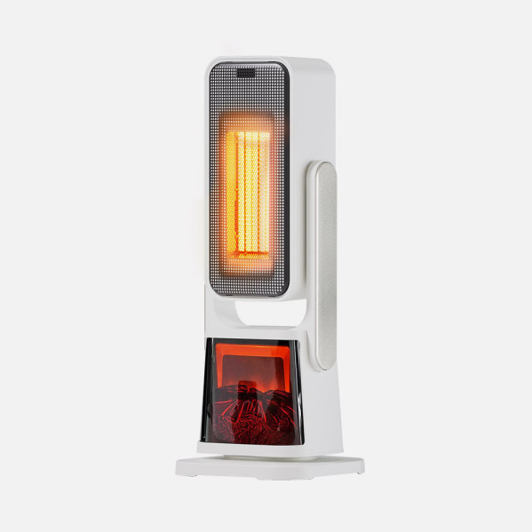 Un calefactor vertical blanco con un elemento calefactor naranja brillante y luz roja en la parte inferior sobre fondo blanco.