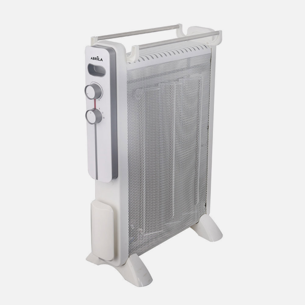 Un calefactor eléctrico blanco con frente de rejilla, mandos de control y barras superiores sobre fondo liso.