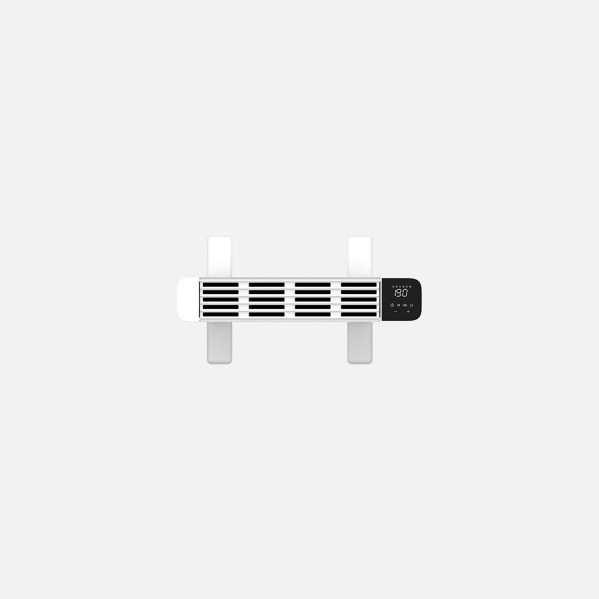 Un calefactor eléctrico blanco con pantalla negra y rejillas sobre soportes con fondo gris.