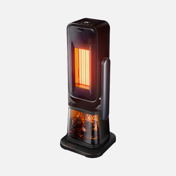 Un calefactor de torre negro con un elemento calefactor brillante y una chimenea simulada en la base.