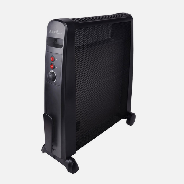 Calefactor negro con ruedas, rejilla de malla y panel de control frontal.