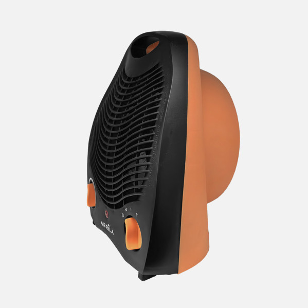 Un calefactor Abrila negro y naranja con rejilla frontal curvada sobre fondo blanco.