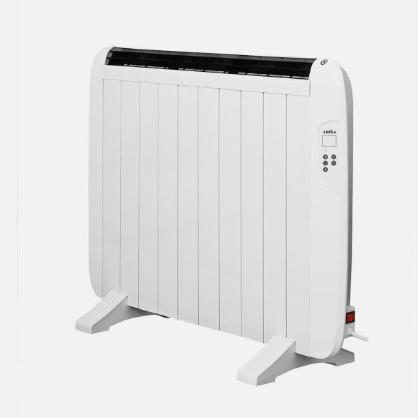 Calefactor eléctrico independiente blanco con aletas verticales y controles digitales sobre fondo blanco.