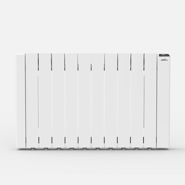 Un radiador eléctrico moderno blanco con aletas verticales sobre un fondo gris neutro.