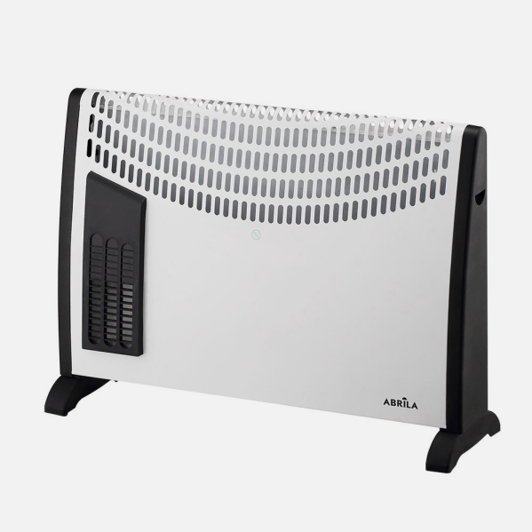 Un calefactor eléctrico blanco con soportes laterales negros y rejilla superior.