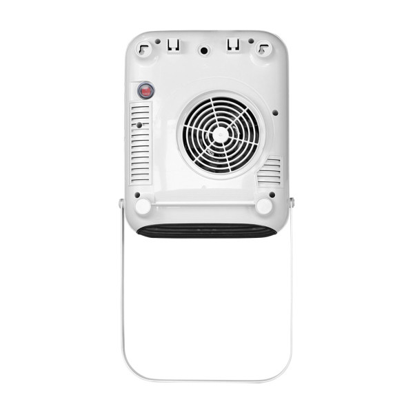 Parte trasera de un calientatoallas blanco con rejilla redonda, ranuras de ventilación, interruptor rojo y asa.