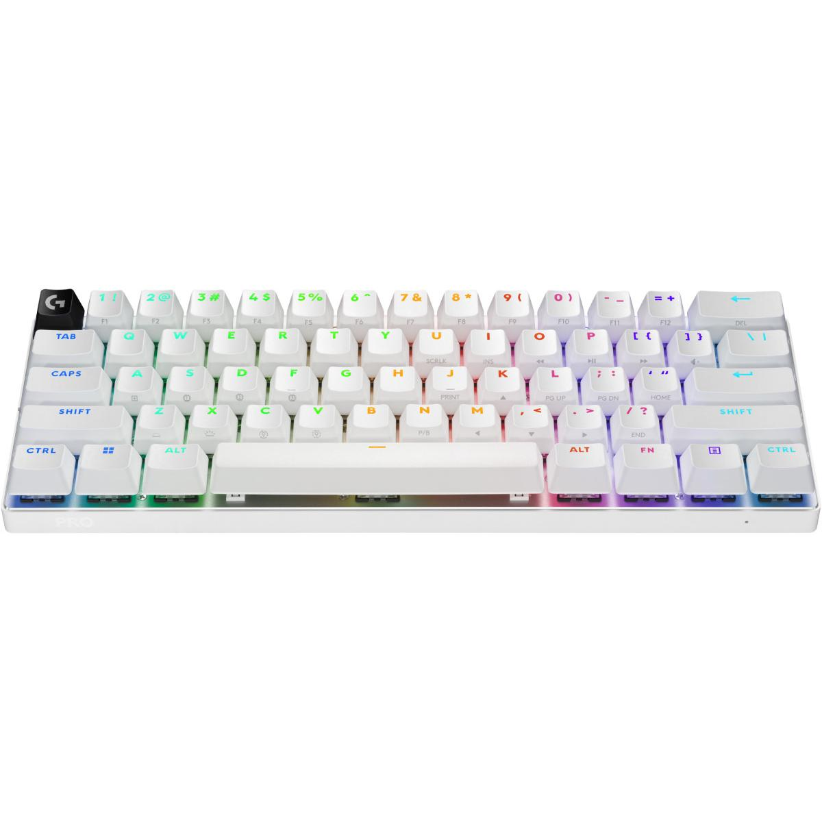 Un teclado de juego blanco compacto con retroiluminación RGB en una superficie blanca.