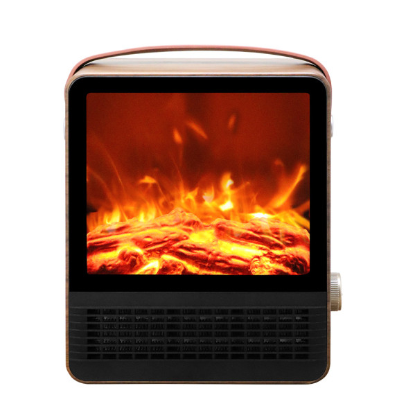 Chimenea eléctrica portátil con acabado de madera y efecto de llama realista en pantalla negra.