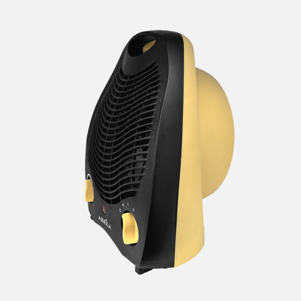 Un calefactor eléctrico negro y amarillo pálido con rejilla frontal y dos mandos amarillos.