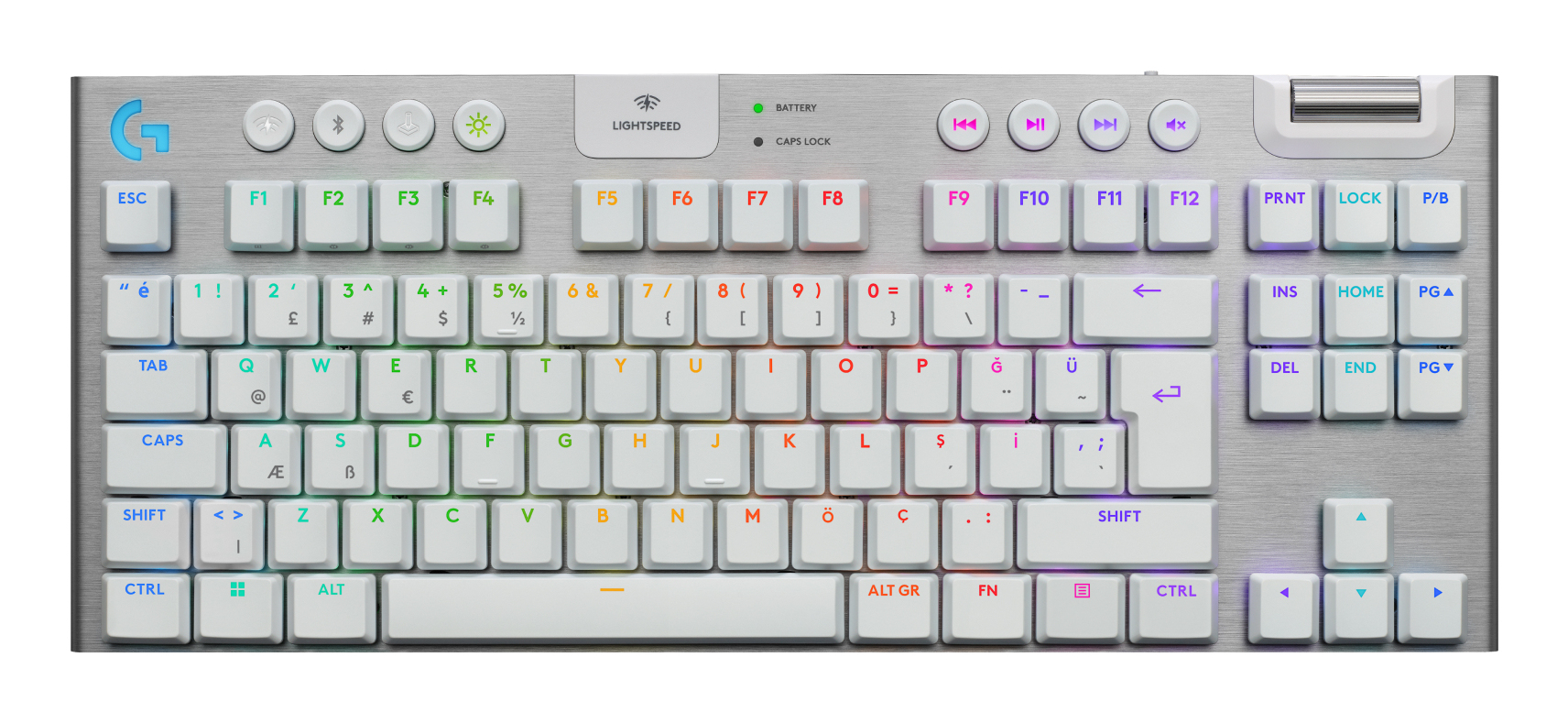 Un teclado mecánico plateado con teclas blancas, retroiluminación multicolor, botones multimedia y un rodillo de volumen.