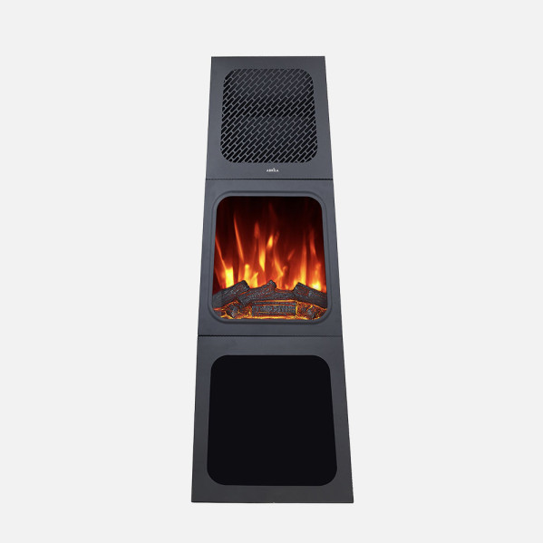 Una chimenea negra y elegante con un fuego de llamas iluminado en la sección central.
